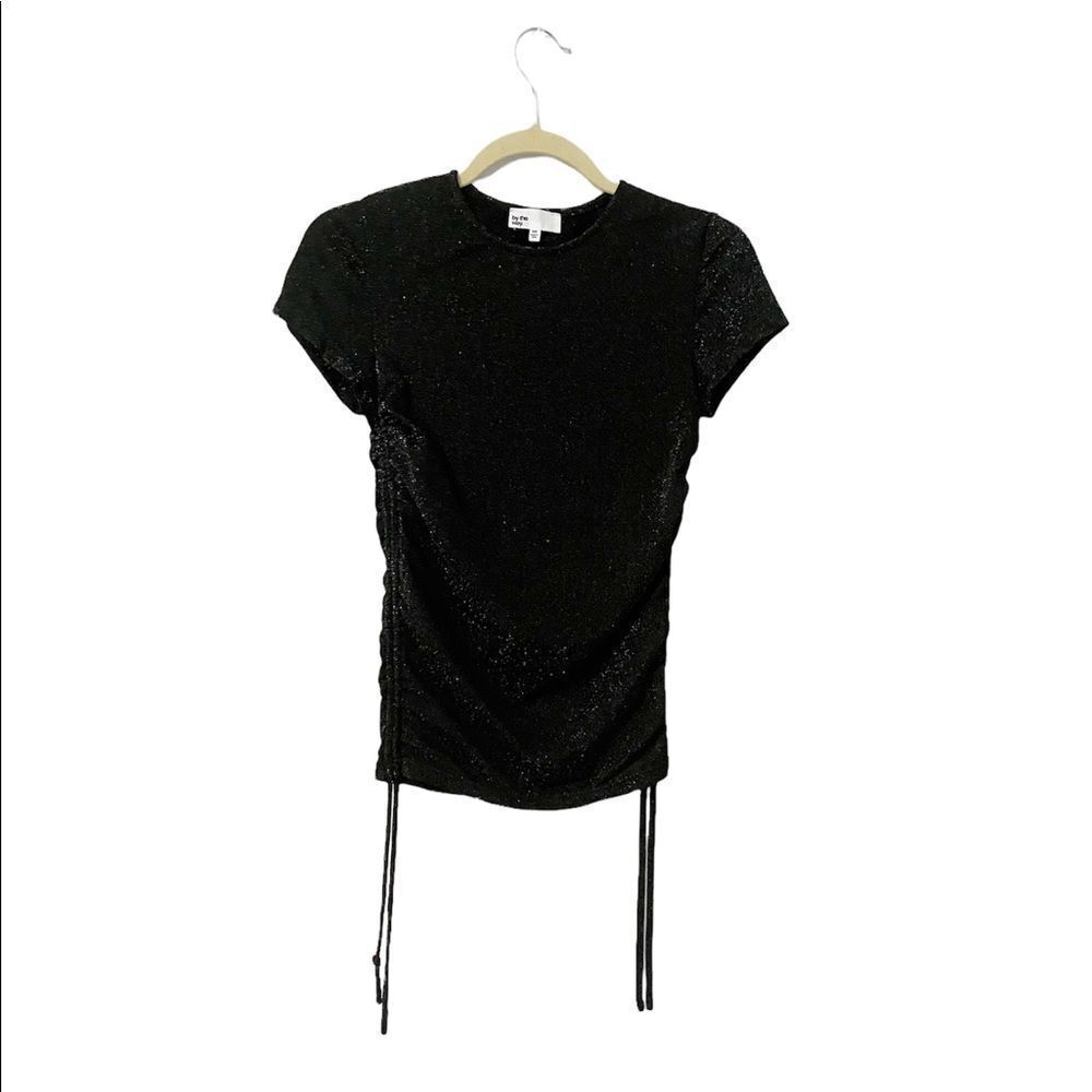 🟢By the way Black Metallic Silver Speckled Cinch Short Sleeve Top Size XXS